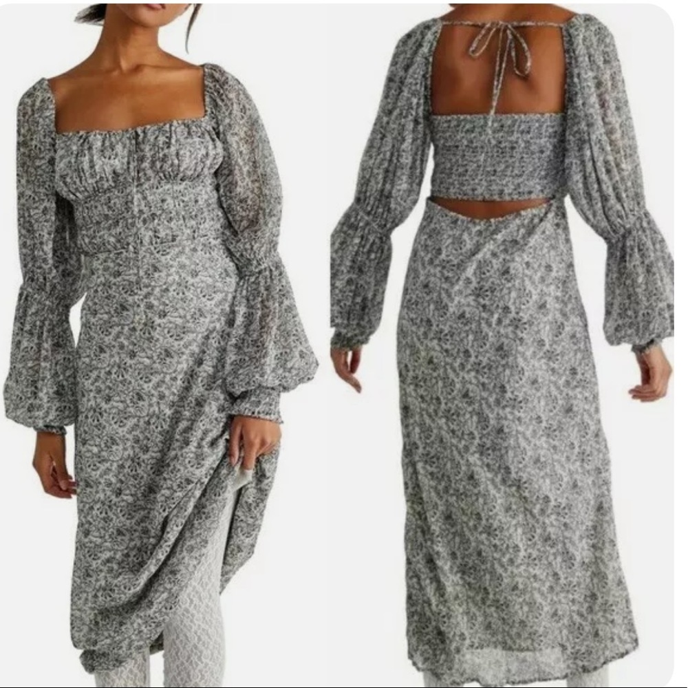 FREE PEOPLE Aglow cutout puffed sleeve midi dress cutout back gray slate NWT XS
